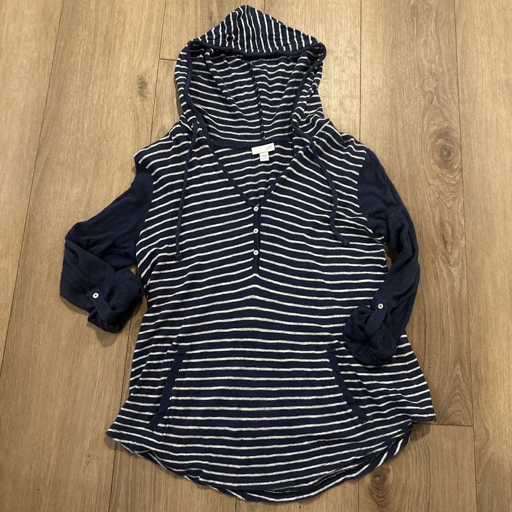 J Jill‎ Blue White Striped Roll Tab Sleeves Linen Blend Hooded Tunic Top Size PS